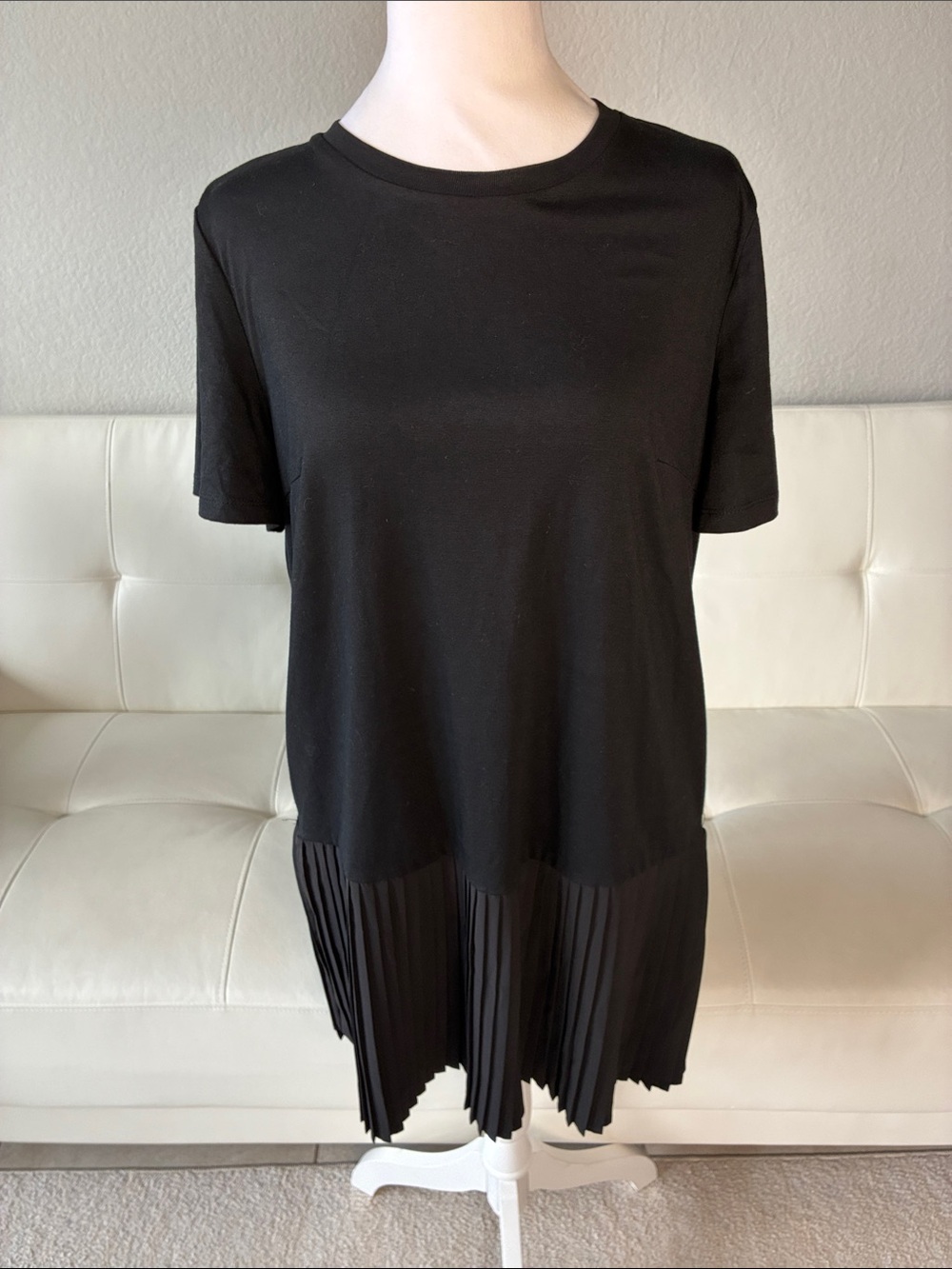 Exlura Black Pleated-Hem Short Sleeve Tunic Top/Dress